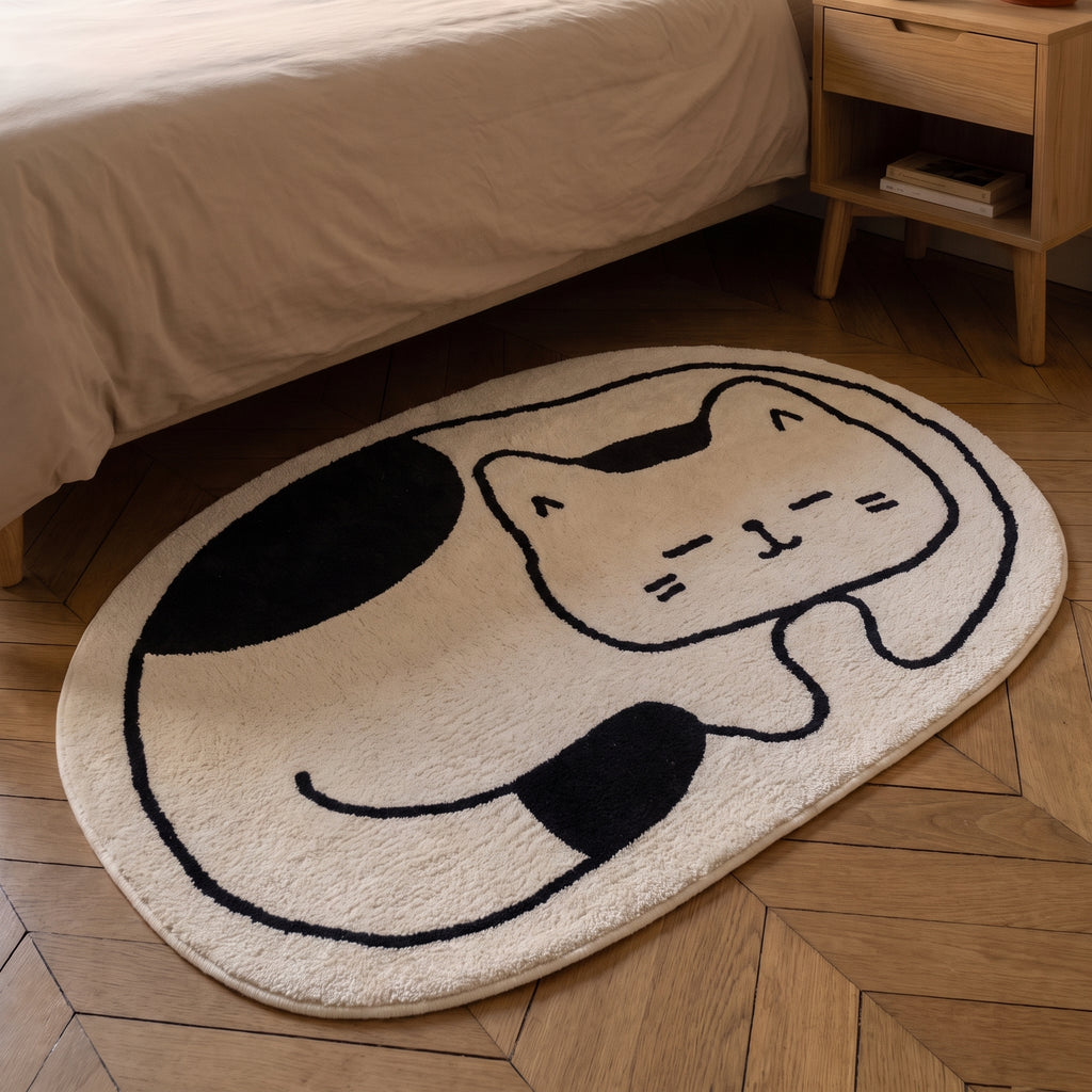 Tapis en forme de chat, écru au trait noir, modèle Chat bicolore, posé en descente de lit