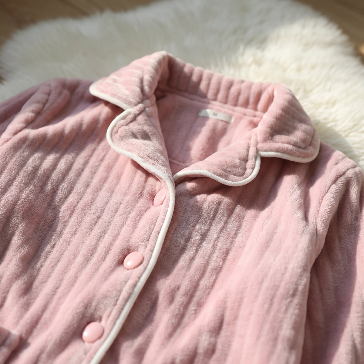 Col cranté et liseré blanc du pyjama en peluche rose, boutons alignés