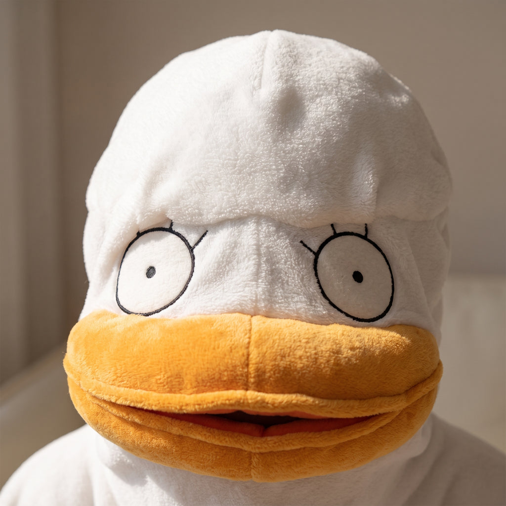 Macro de la capuche du pyjama canard, calotte en polaire, yeux cerclés au trait et bec orange rembourré