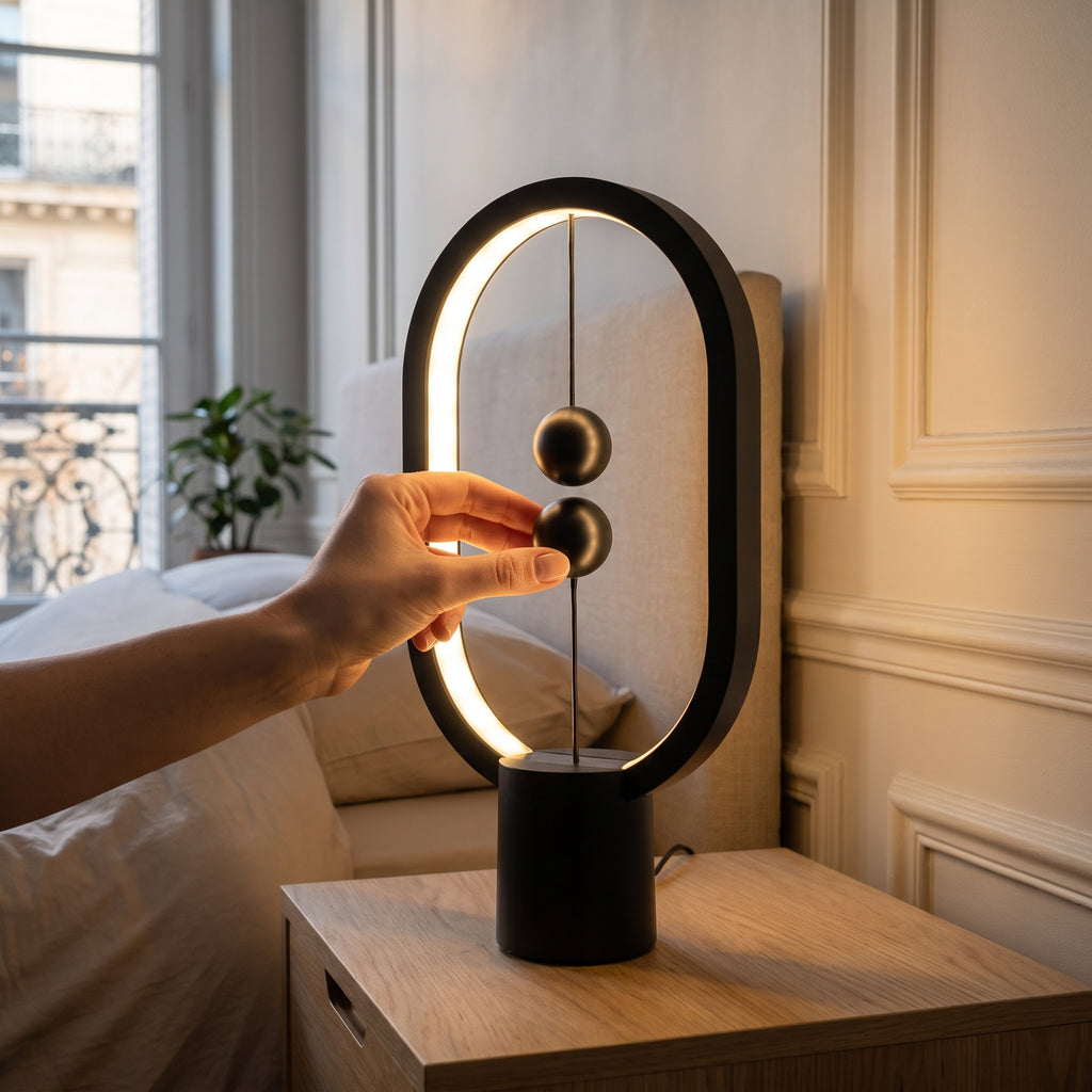 Une main rapproche les deux billes magnétiques de la lampe, qui s'allume
