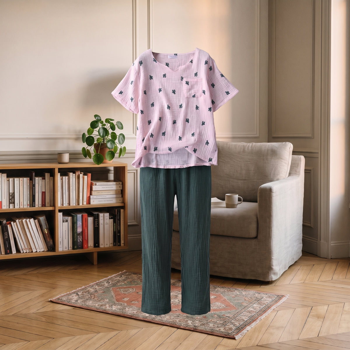 Pyjama d'été rose présenté sans corps, t-shirt et pantalon de face