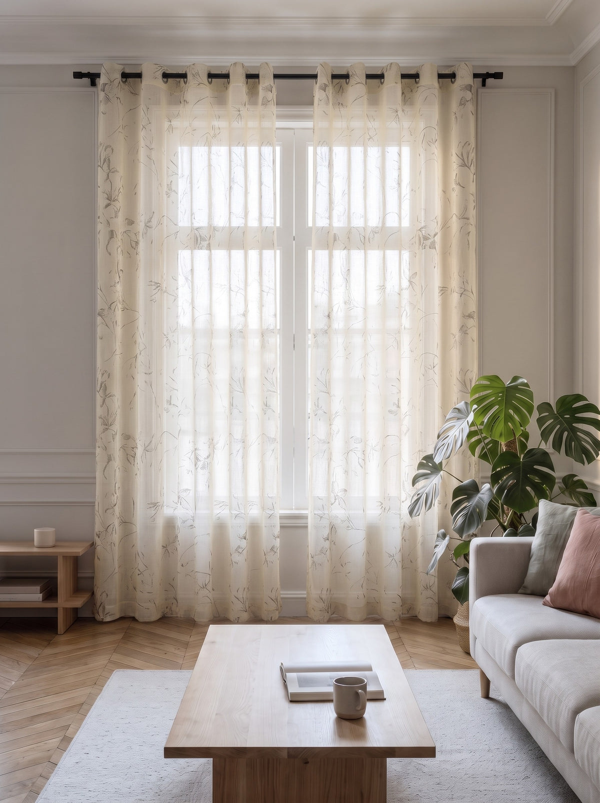 Voilage transparent jaune à motif feuillage, pans fermés devant la fenêtre d'un salon