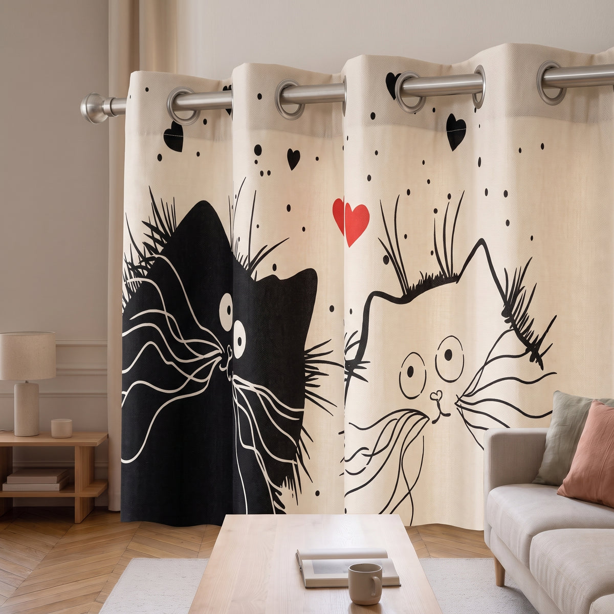 Œillets métalliques du rideau chats amoureux enfilés sur une tringle ronde