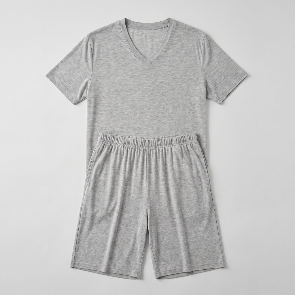 Pyjama d'été en viscose gris chiné à plat, t-shirt col V et short