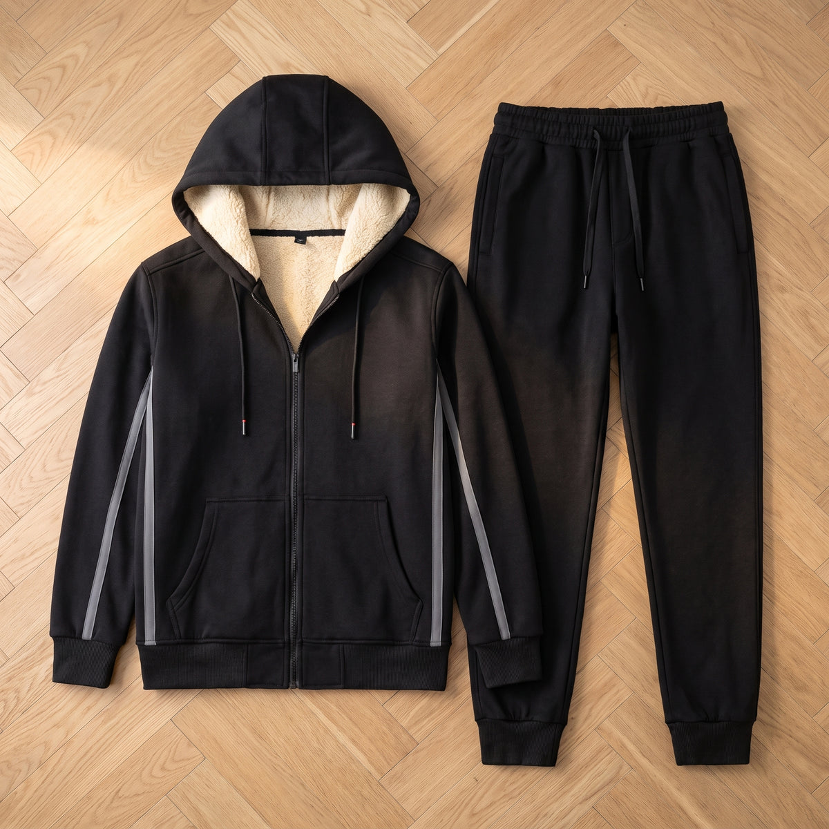 Ensemble jogging homme doublé polaire noir, veste et pantalon à plat