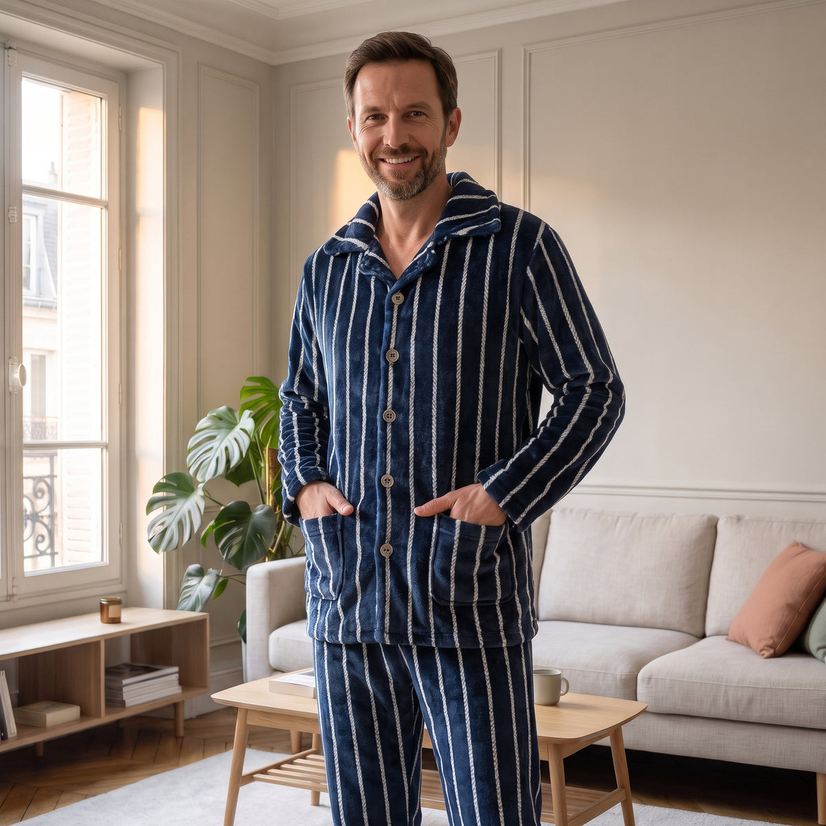 Homme en pyjama de flanelle rayée, les mains dans les poches de la veste
