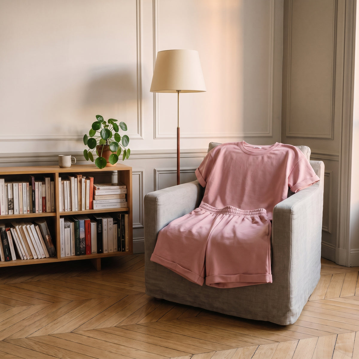 Ensemble short et t-shirt en coton rose posé sur un fauteuil de lecture