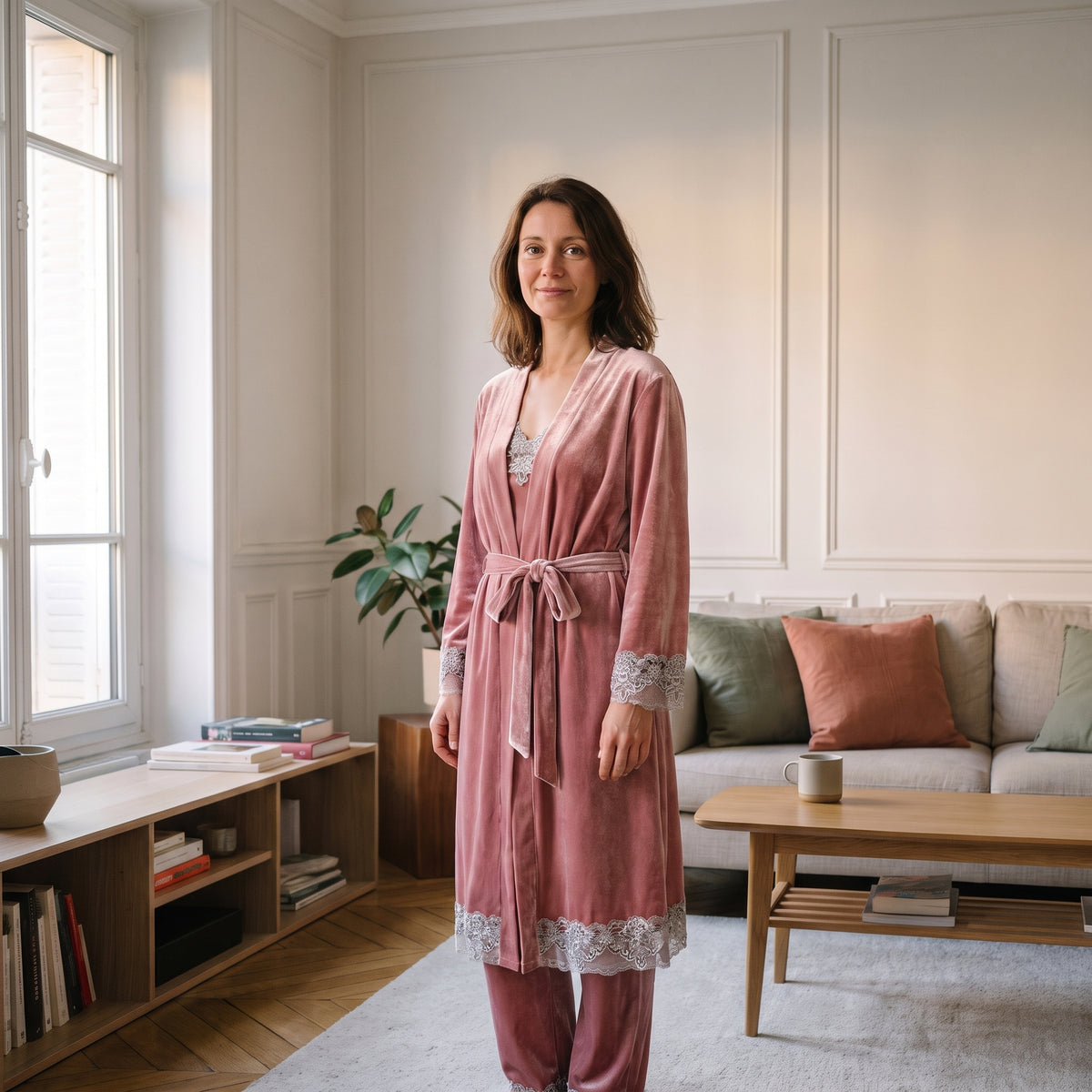 Pyjama en velours femme rose poudré porté dans un salon