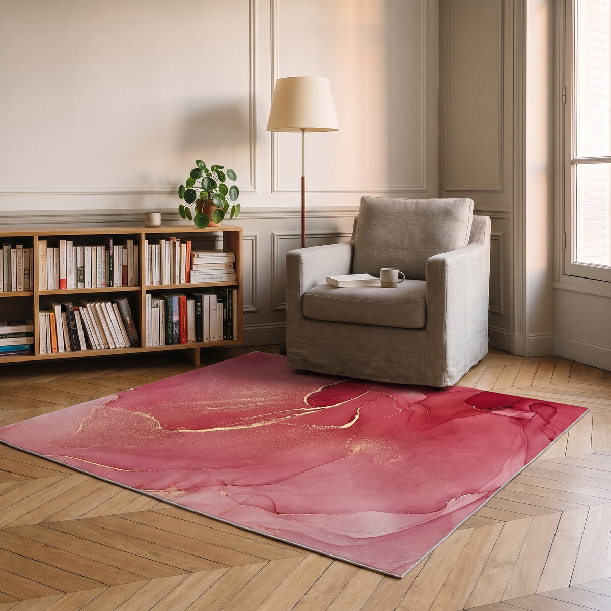 Tapis abstrait rouge devant un fauteuil de lecture