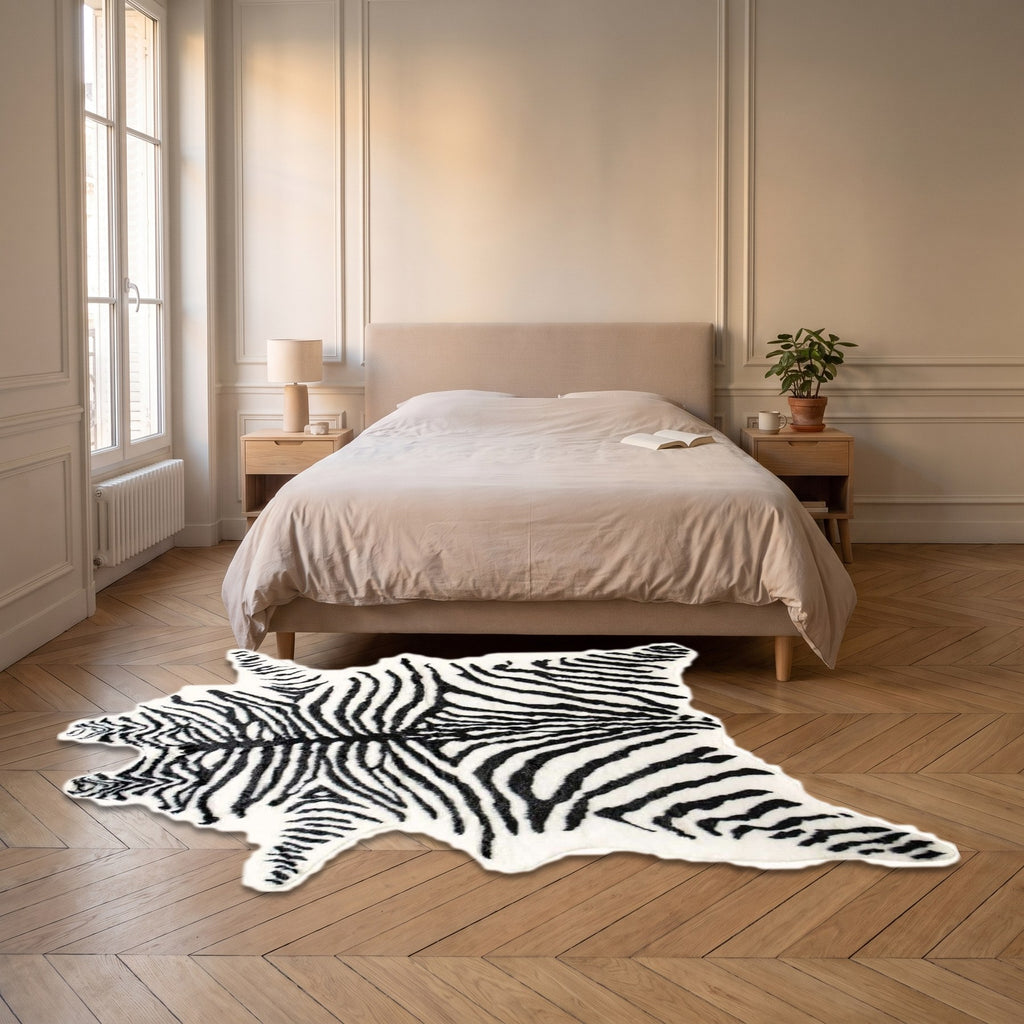 Tapis peau de zèbre posé au pied d'un lit deux places