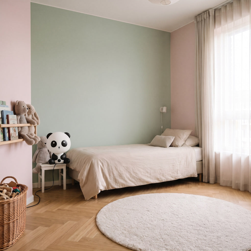 Chambre d'enfant avec la veilleuse panda posée près du lit