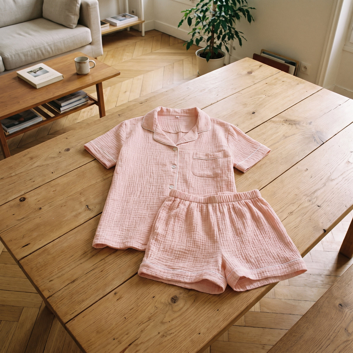 Chemisette et short du pyjama en gaze de coton rose, posés à plat