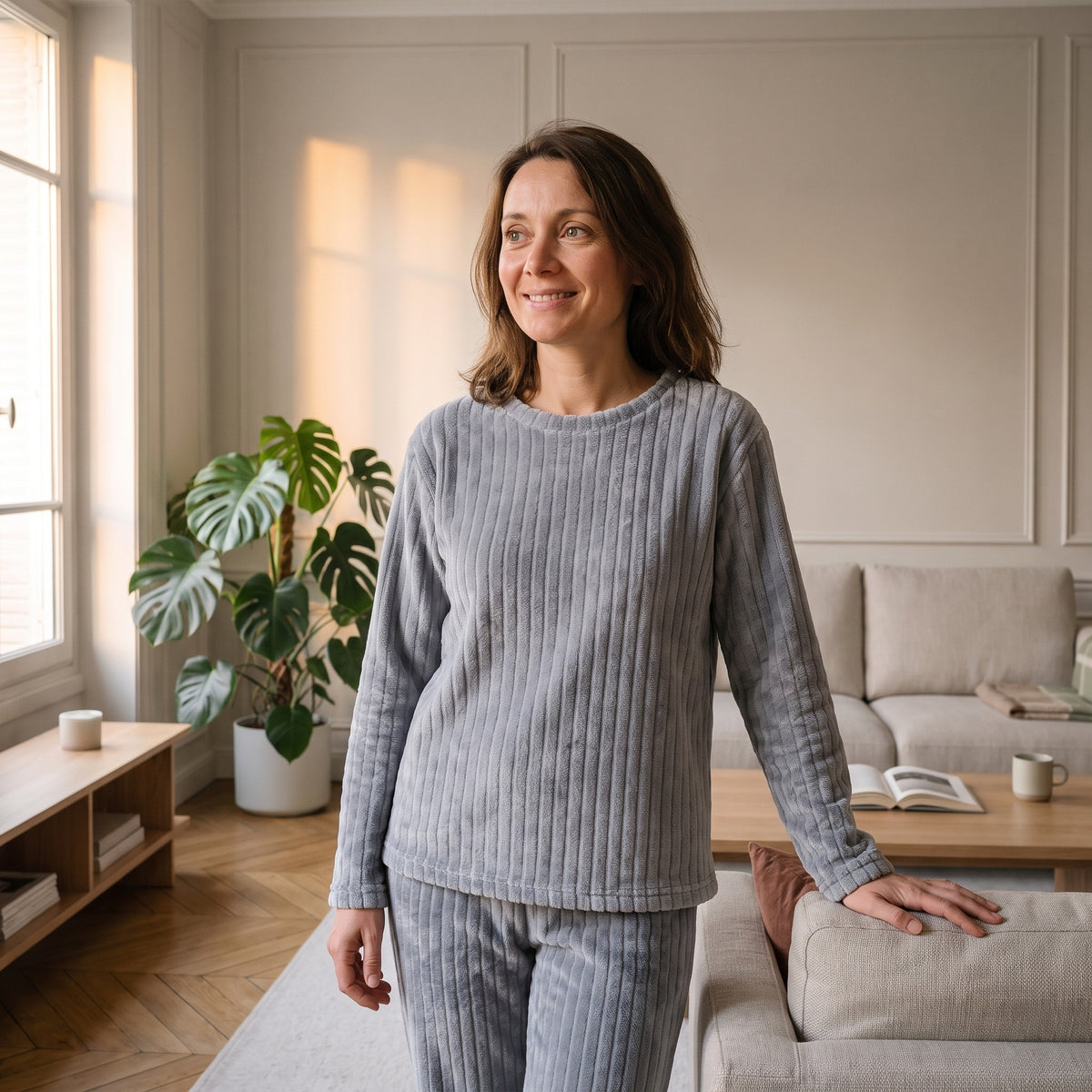 Pyjama femme en velours côtelé gris porté debout dans le salon
