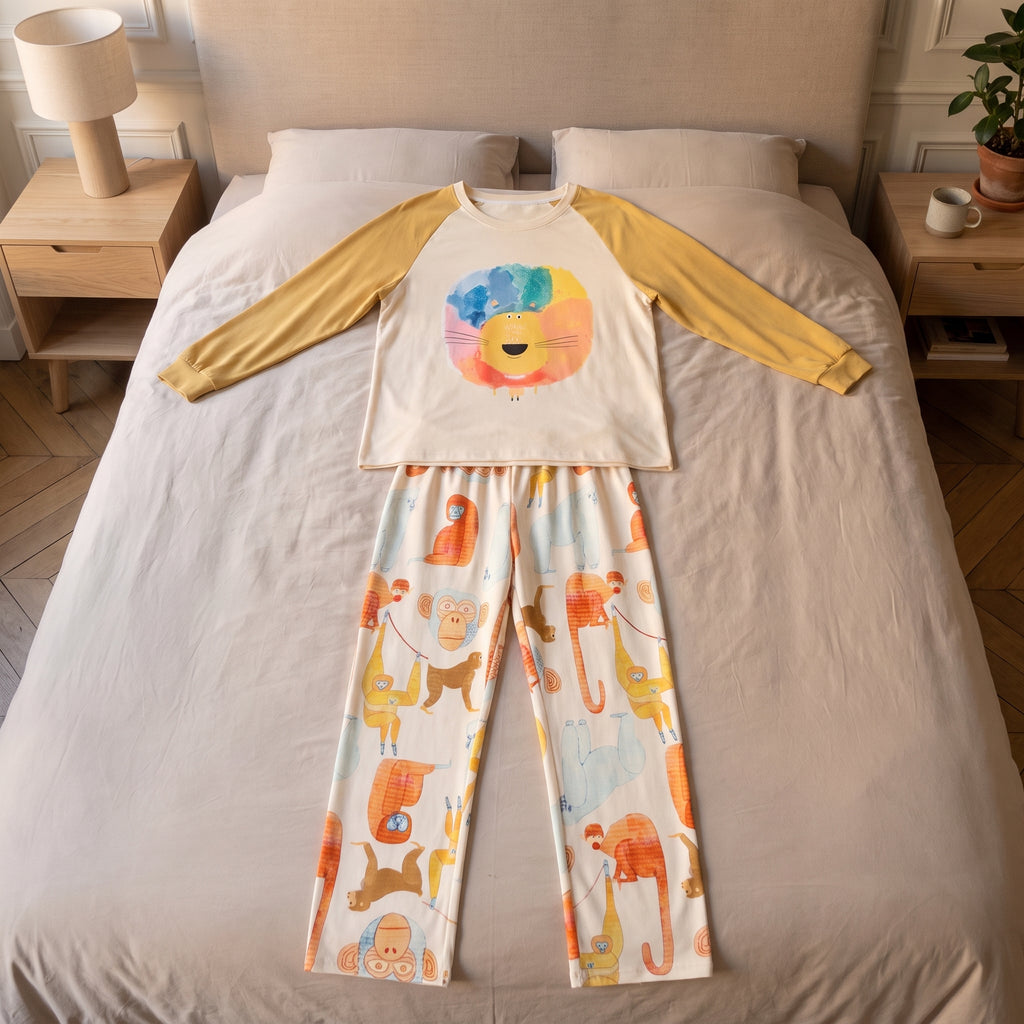 Ensemble pyjama femme déplié à plat sur un lit, sweat-shirt et pantalon large