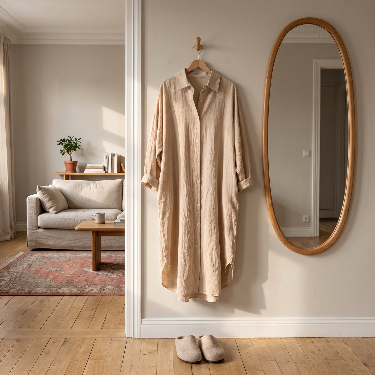 Robe chemise longue beige sable suspendue à une patère dans une entrée