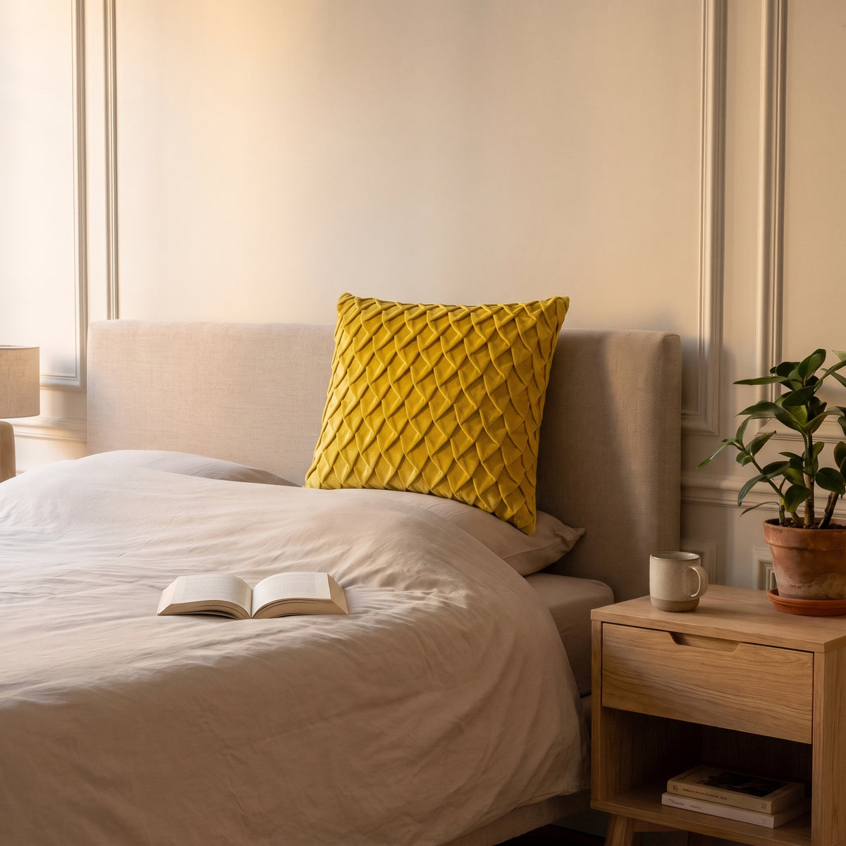 Housse de coussin jaune moutarde posée contre la tête de lit d'une chambre