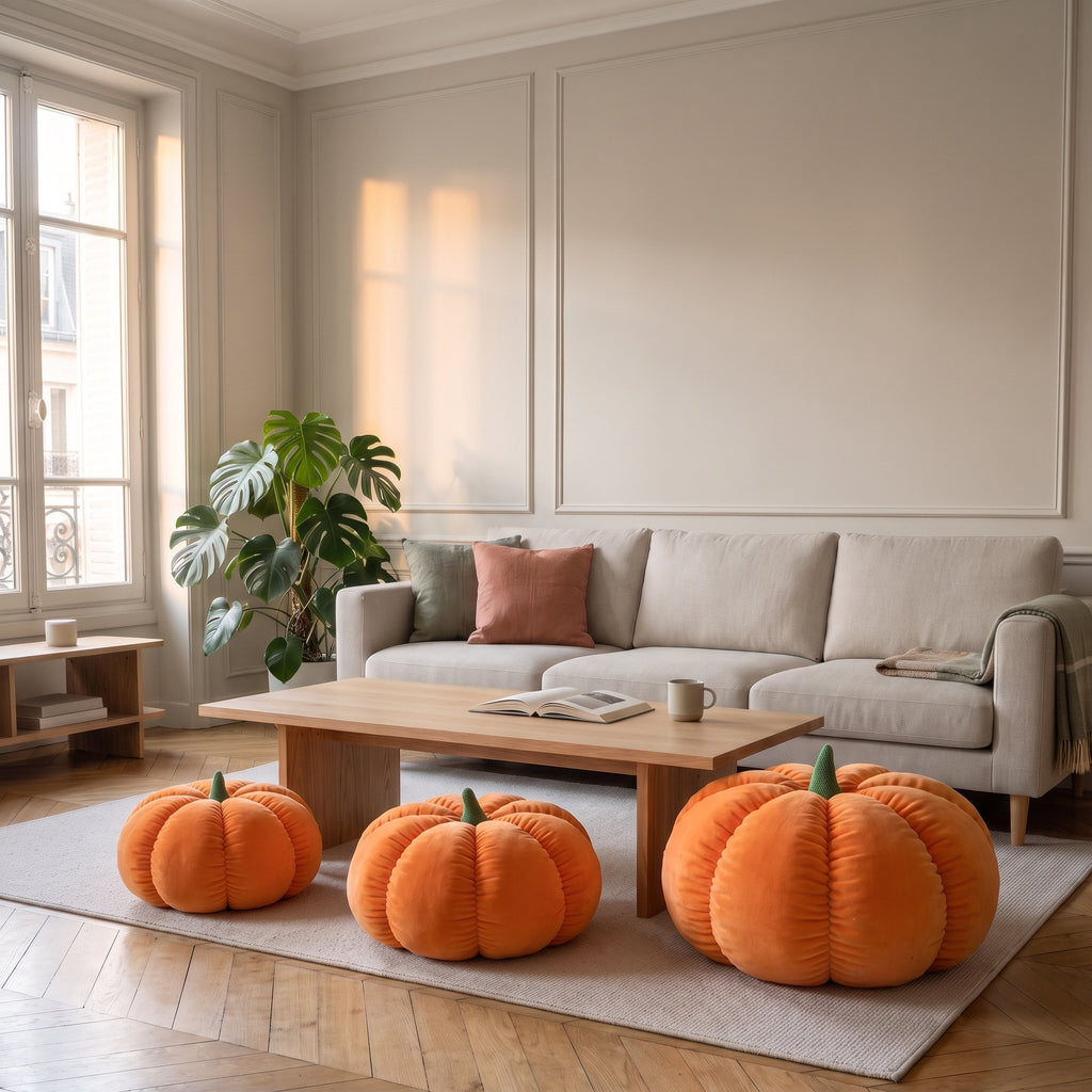 Les tailles S, M et L du pouf citrouille alignées sur le tapis d'un salon