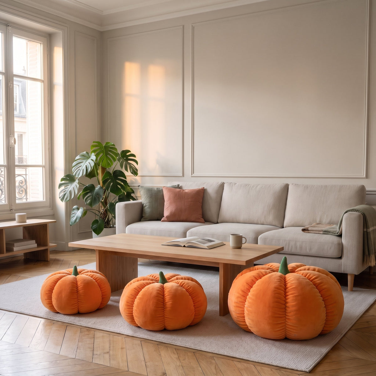 Les tailles S, M et L du pouf citrouille alignées sur le tapis d'un salon