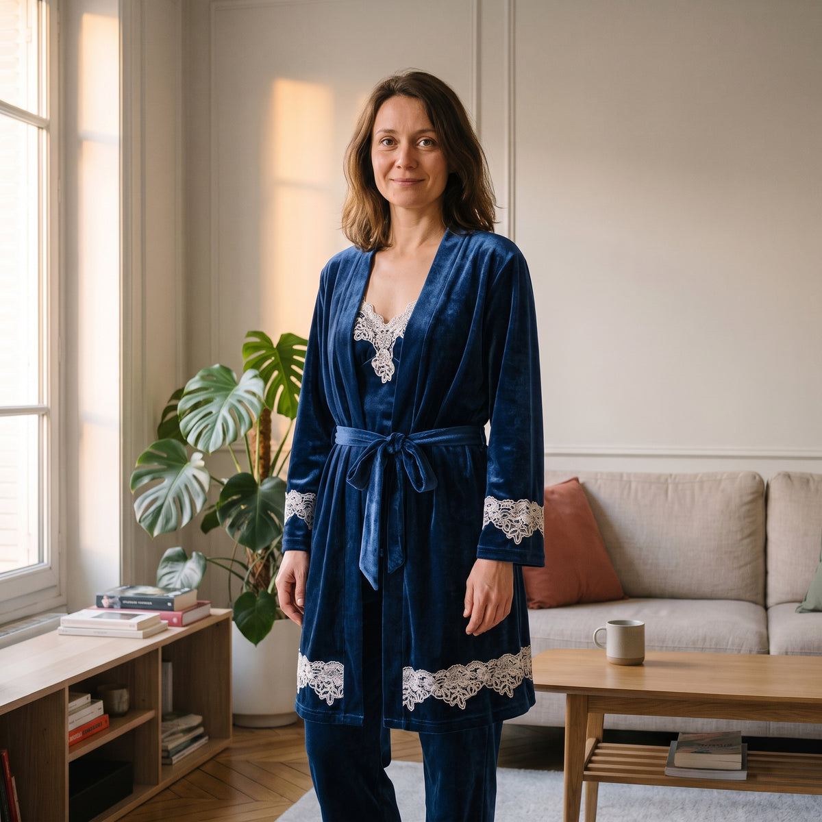 Pyjama en velours femme bleu nuit porté dans un salon