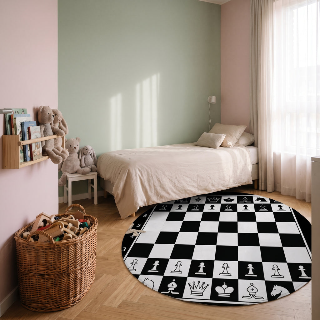 Tapis jeu d'échecs rond posé au pied d'un lit dans une chambre d'enfant