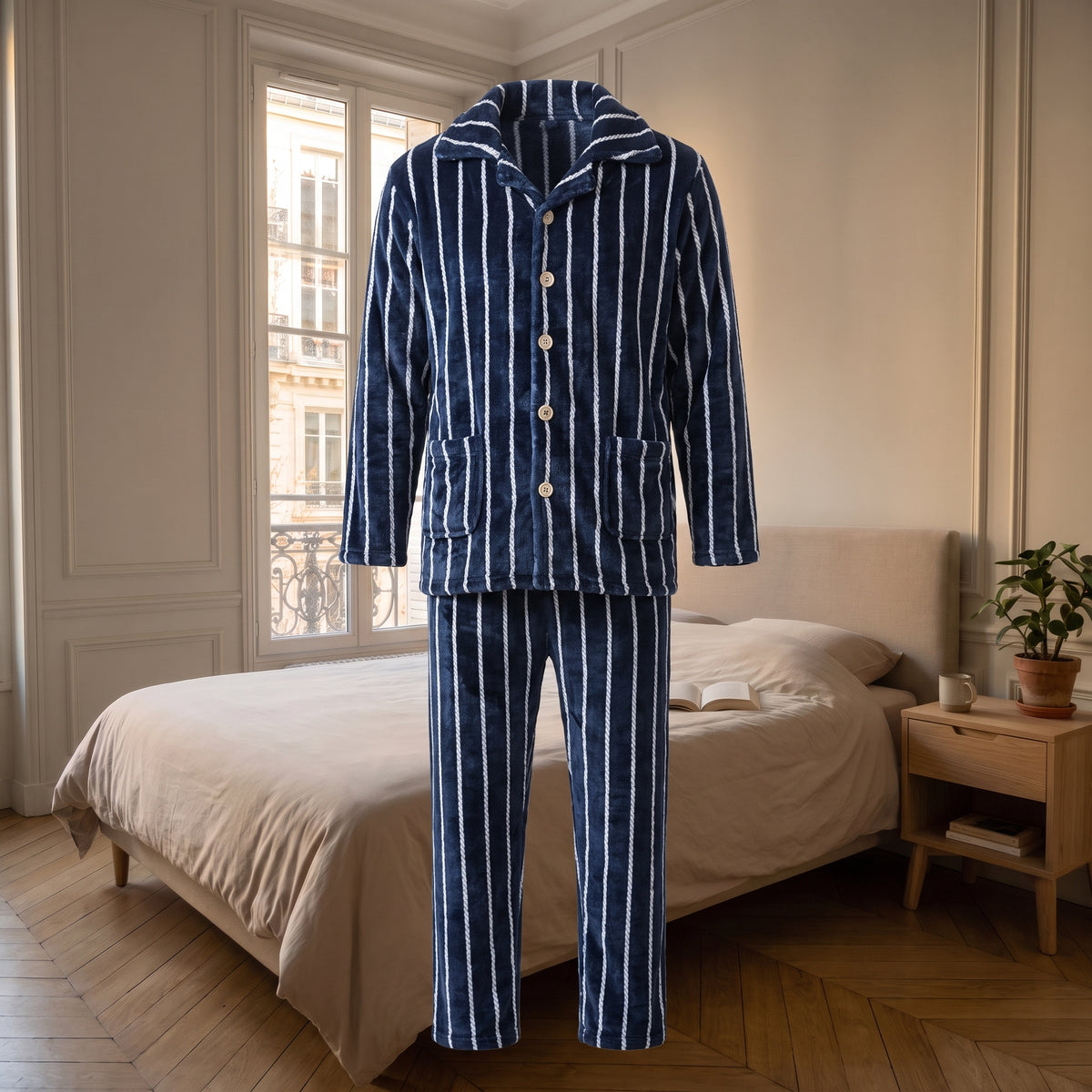 Veste et pantalon de pyjama en flanelle rayée présentés sans mannequin
