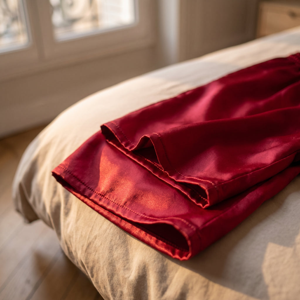 Ourlet surpiqué et ouverture de jambe du short de pyjama en satin bordeaux