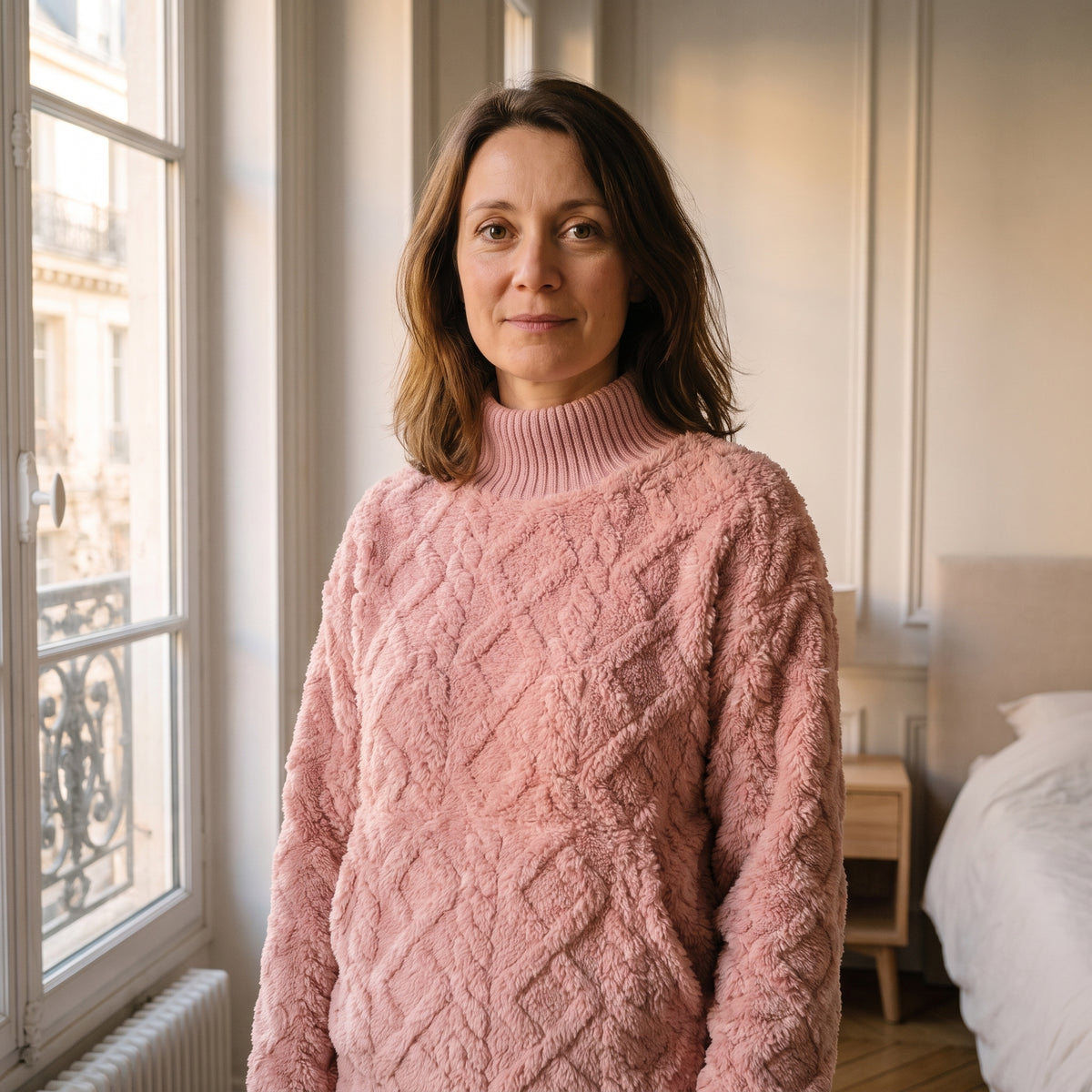 Col montant du pyjama polaire rose vu de près
