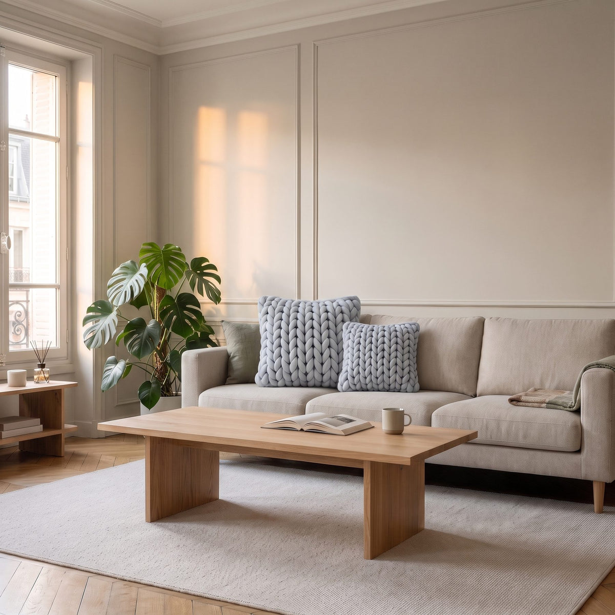 Les deux formats du coussin grosses mailles côte à côte sur un canapé