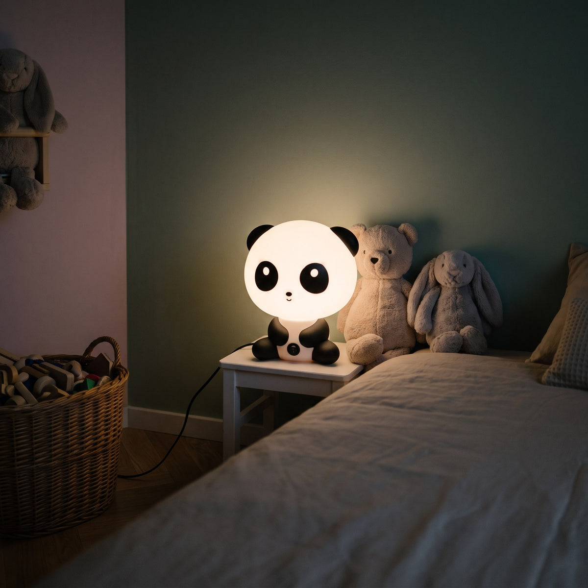 Veilleuse panda allumée, vue depuis le lit