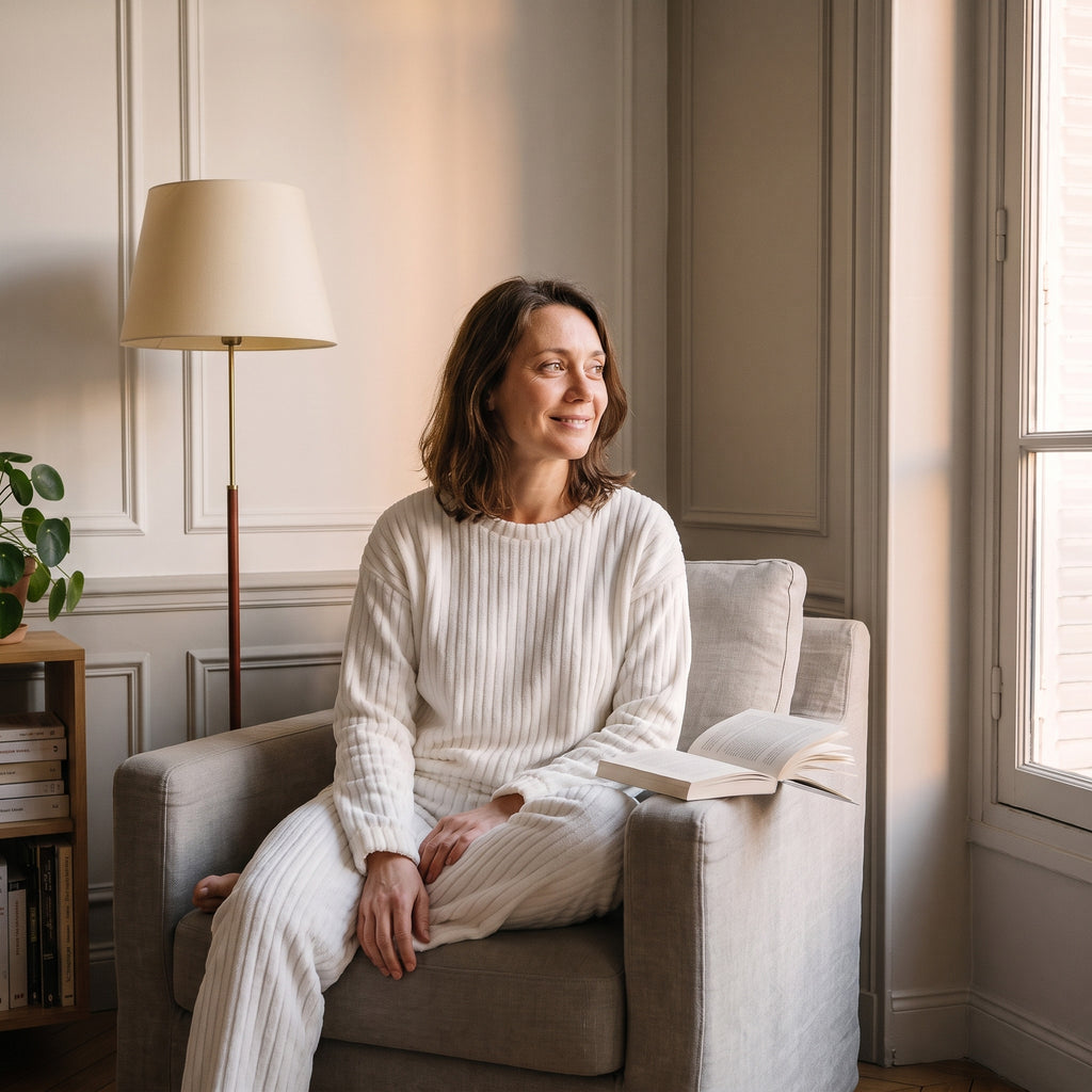 Pyjama femme en velours côtelé blanc crème porté dans le fauteuil du coin lecture