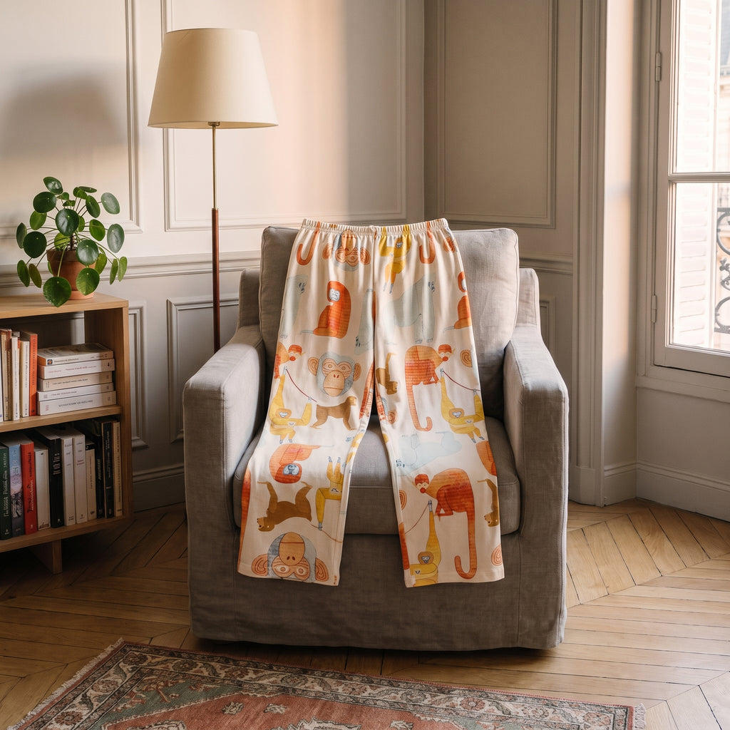 Pantalon de pyjama à ceinture élastique froncée, imprimé de singes, posé sur un fauteuil