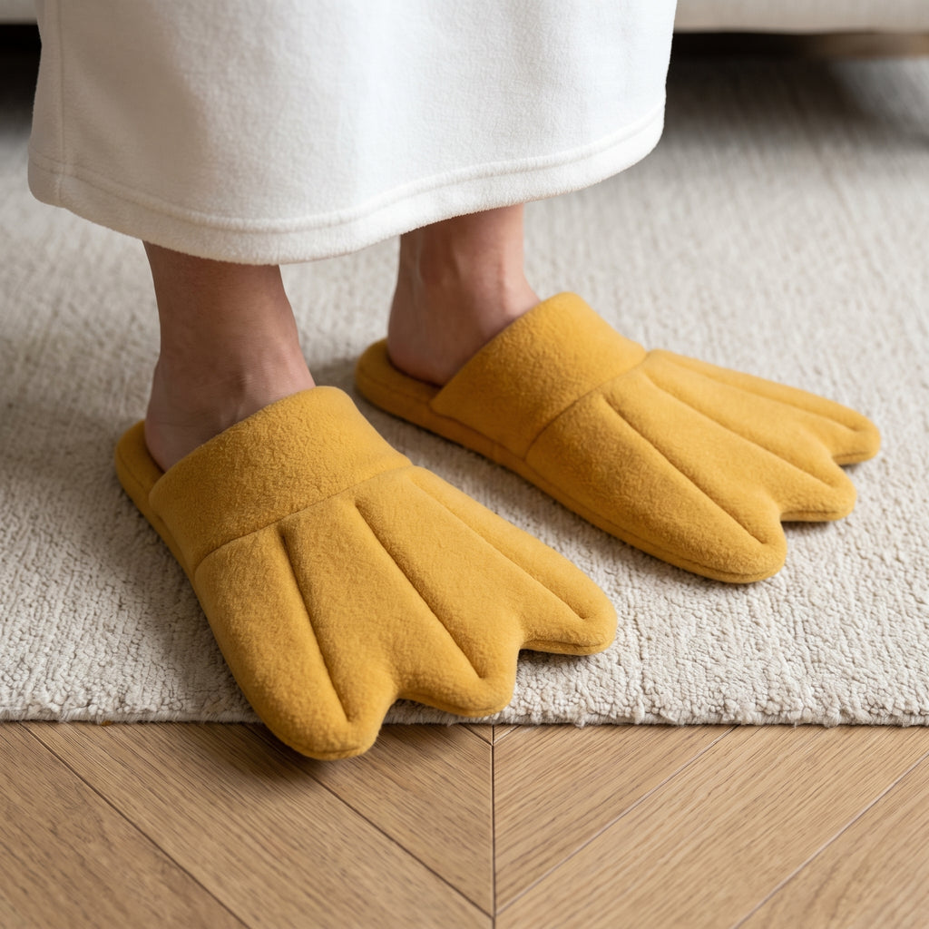 Macro des chaussons du pyjama canard portés sur un tapis, palme jaune orangé à trois lobes devant les orteils