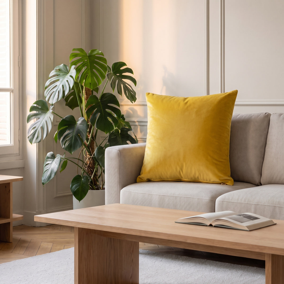 Face arrière de la housse de coussin, velours jaune moutarde uni et lisse, posée sur un canapé clair