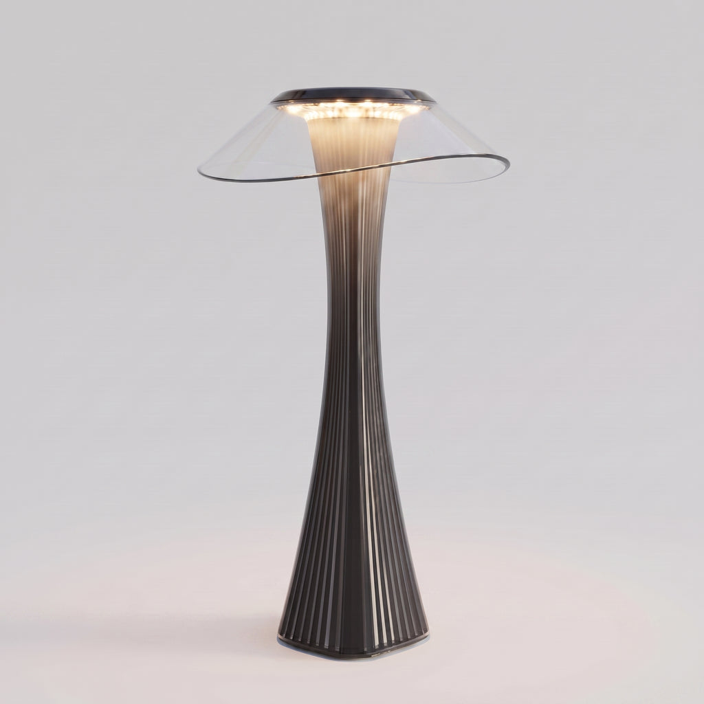 Lampe de table LED sans fil gris fumé allumée, vue entière sur fond neutre