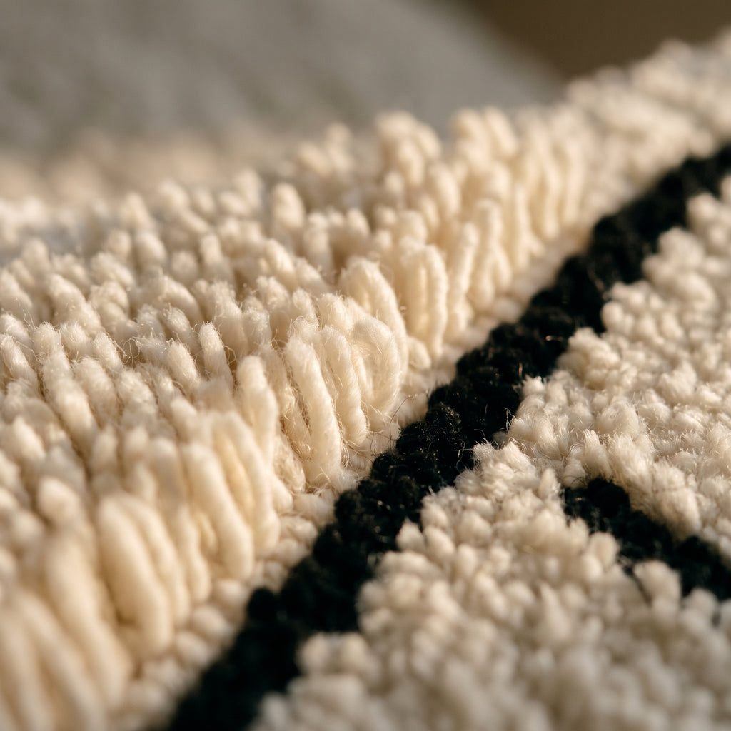 Détail des fibres pelucheuses du tapis chat et de son trait noir tufté à plat