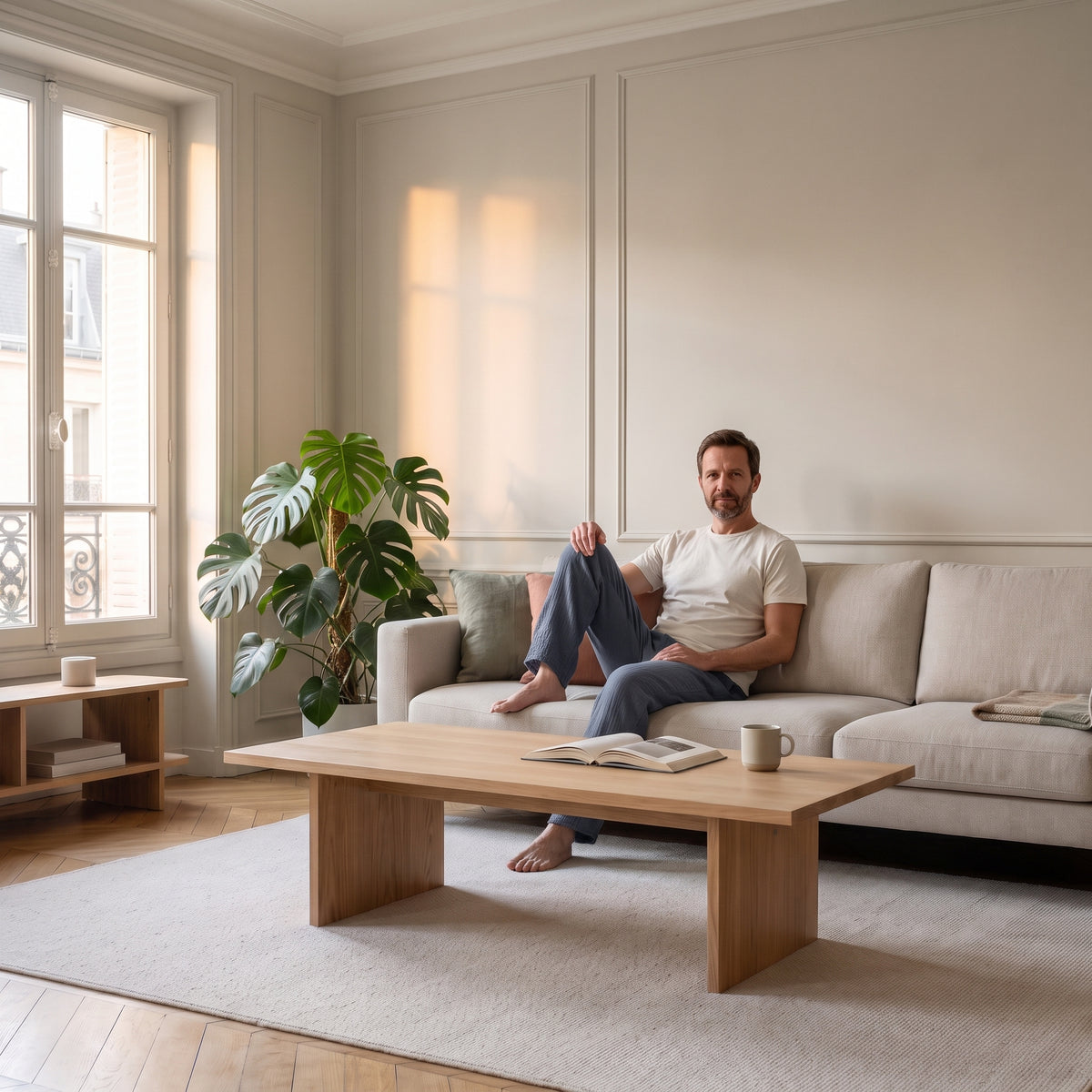 Homme assis sur le canapé du salon, une jambe repliée, en pantalon d'intérieur en gaze de coton gris foncé