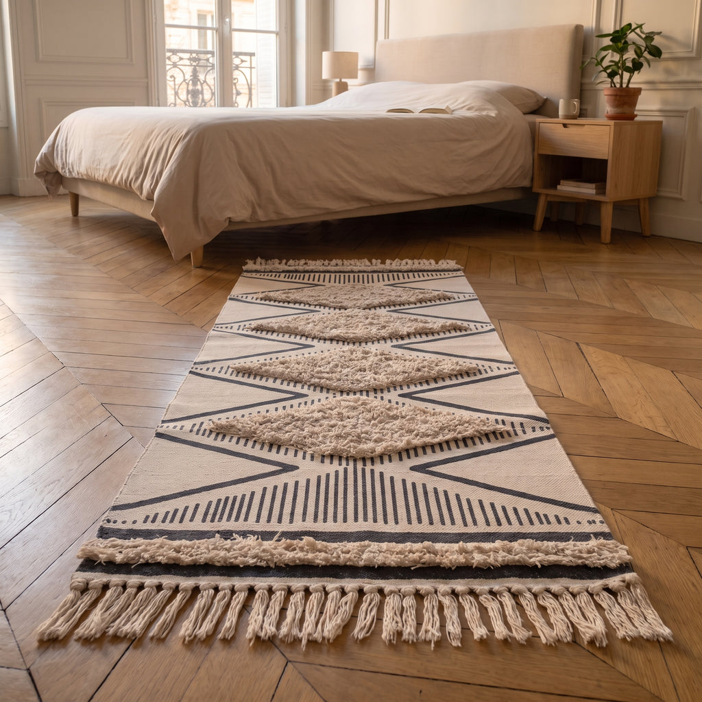 Le tapis ethnique vu au ras du parquet, ses franges au premier plan et ses quatre losanges tuftés qui se suivent