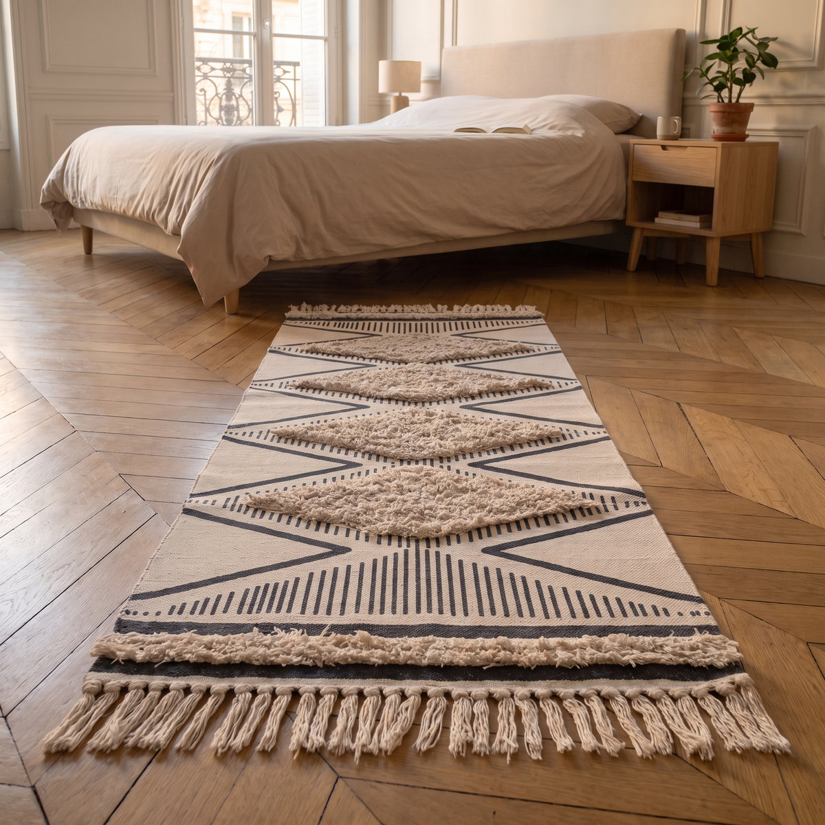 Le tapis ethnique vu au ras du parquet, ses franges au premier plan et ses quatre losanges tuftés qui se suivent