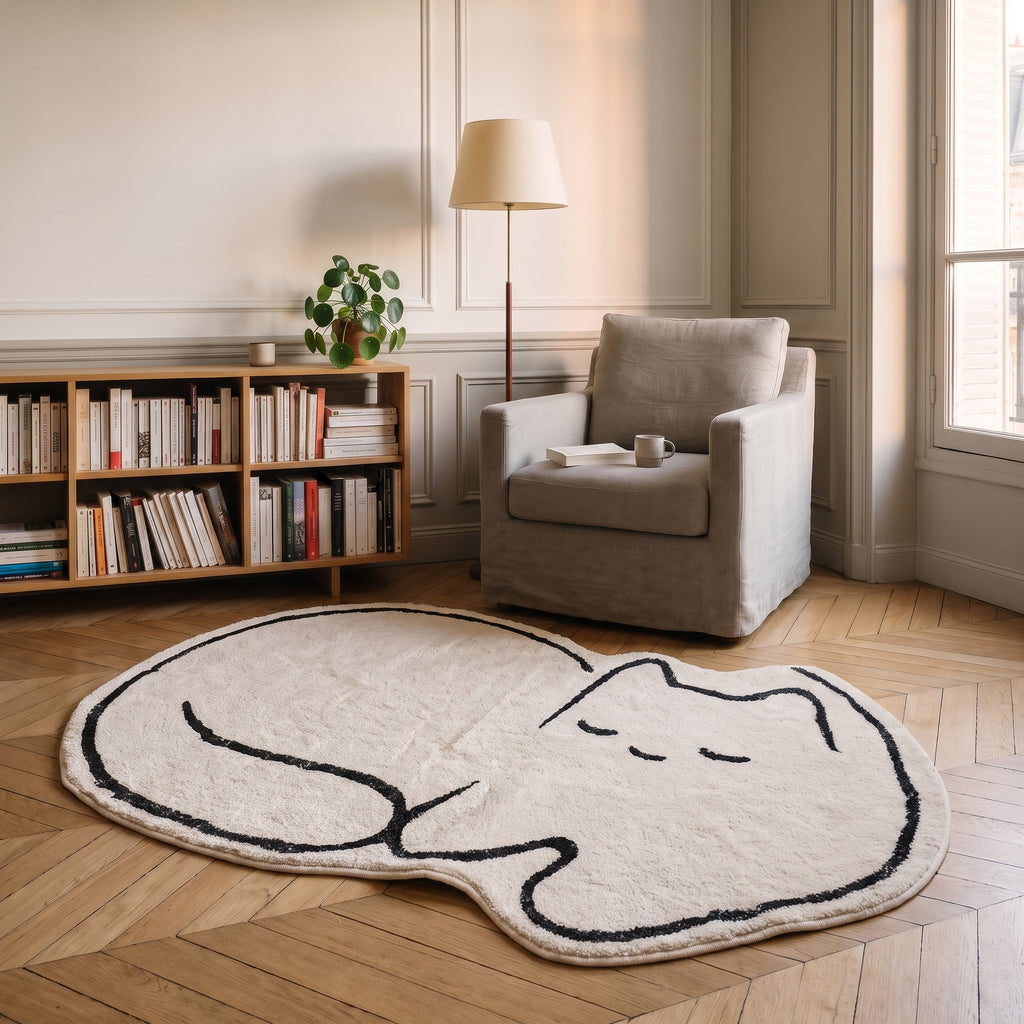 Tapis en forme de chat, écru au trait noir, déroulé devant le fauteuil d'un coin lecture