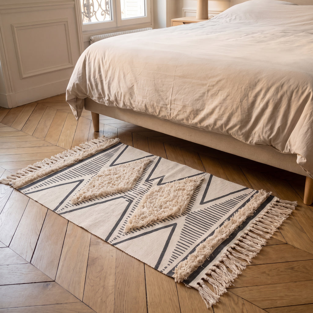 Le petit format 60 x 90 cm du tapis ethnique posé au pied d'un lit, ses deux losanges tuftés côte à côte