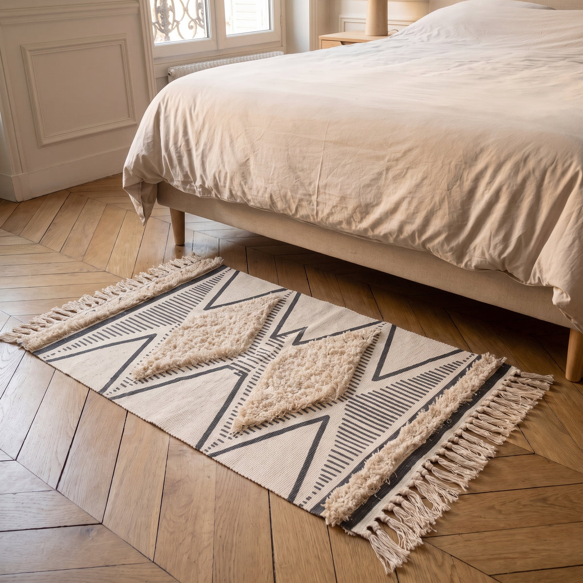 Le petit format 60 x 90 cm du tapis ethnique posé au pied d'un lit, ses deux losanges tuftés côte à côte