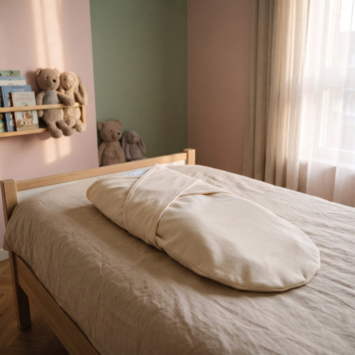 Sac de couchage d'emmaillotage pour bébé beige uni, refermé sur lui-même et posé sur le lit d'une chambre d'enfant