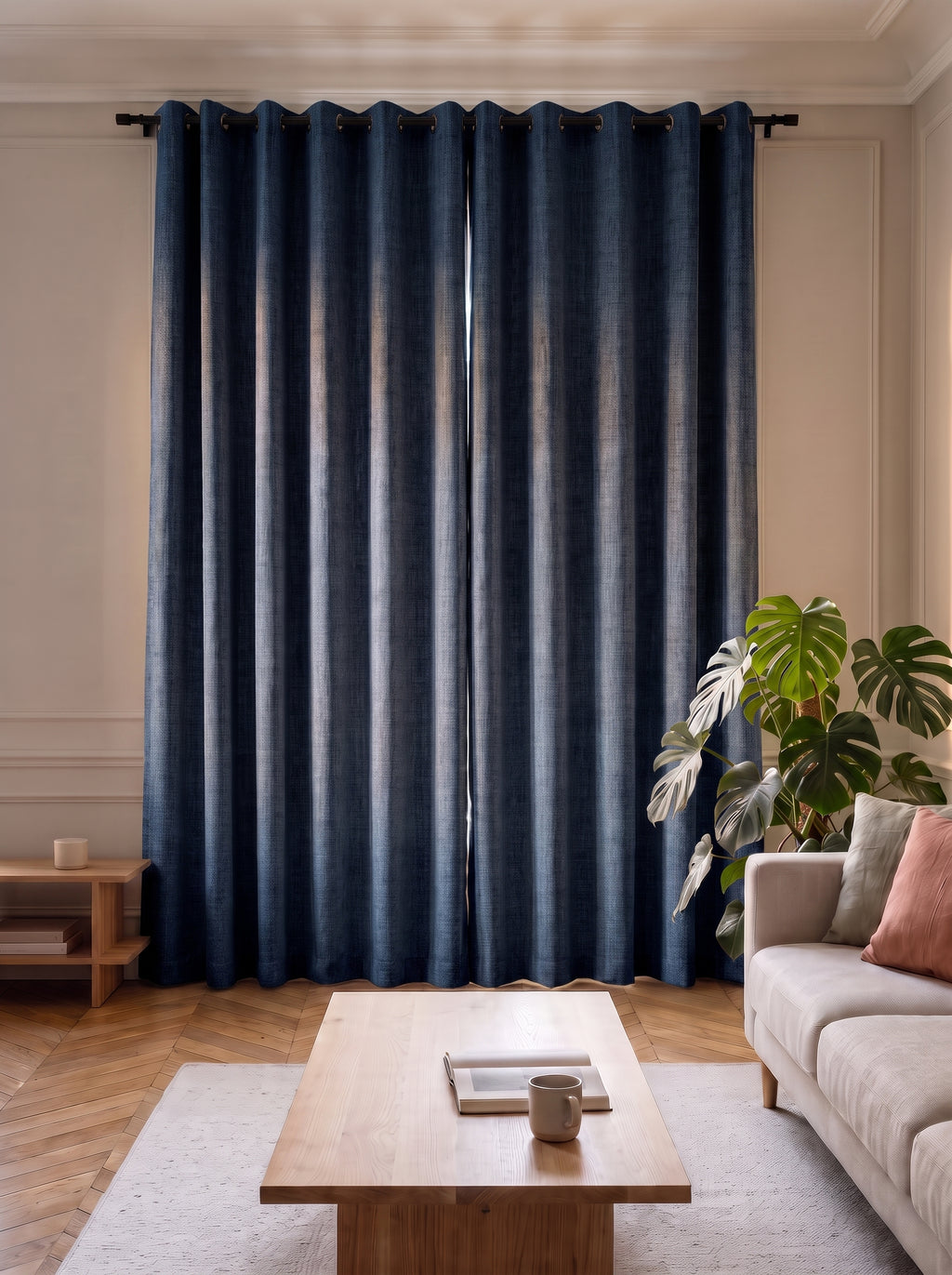 Coloris bleu : deux pans tirés devant la fenêtre du salon, de la tringle jusqu'au parquet