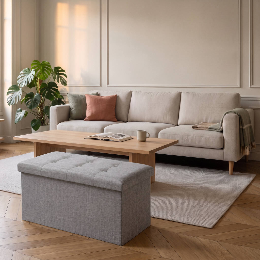 Tabouret coffre de rangement pliable gris clair posé sur le parquet devant un canapé écru