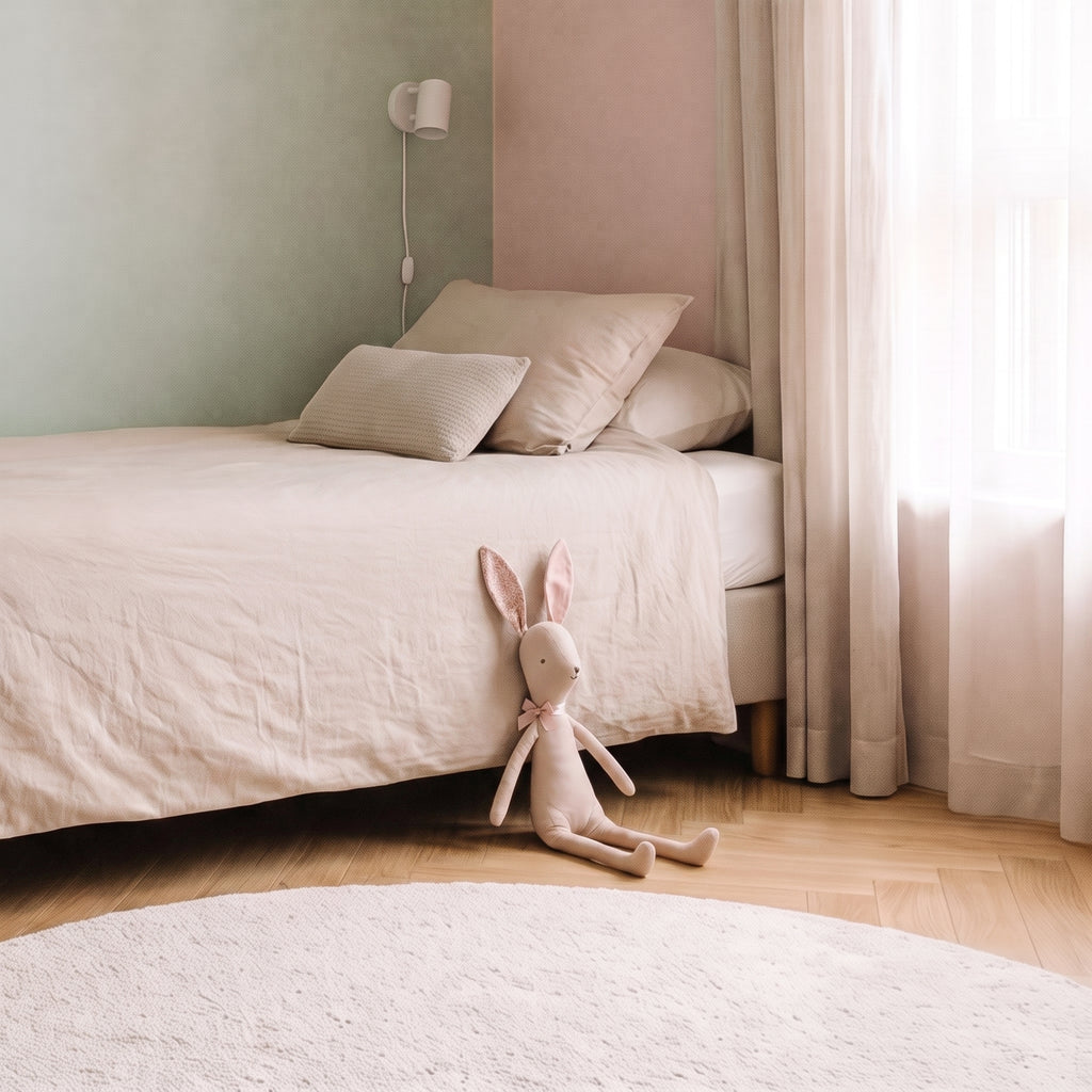 Doudou lapin rose assis contre le lit, échelle réelle