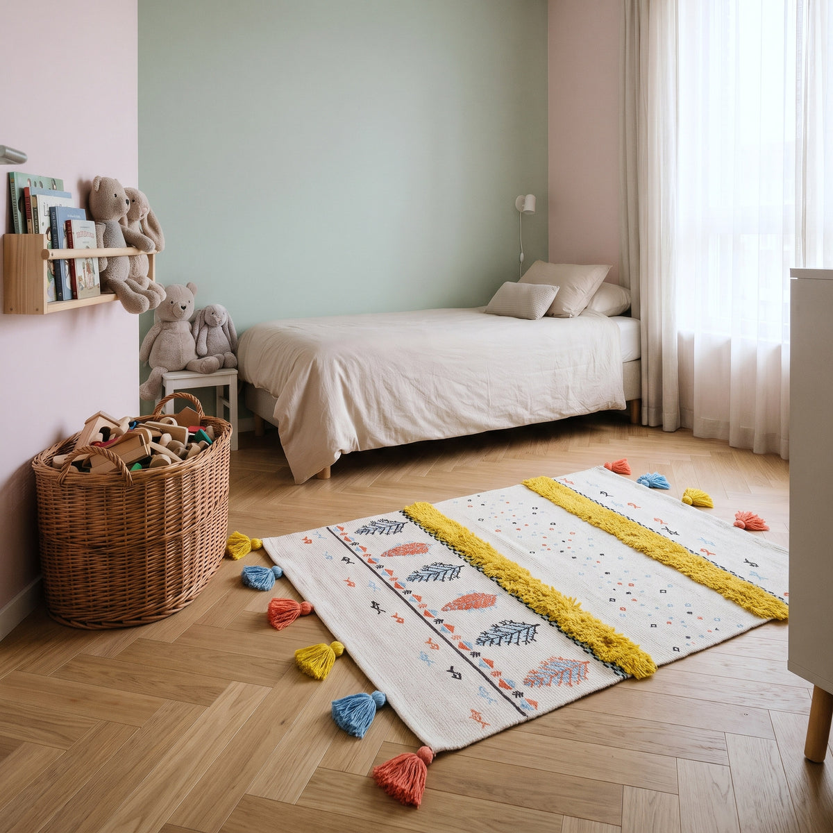 Petit tapis coloré posé au pied d'un lit dans une chambre d'enfant