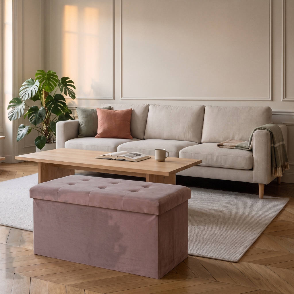 Tabouret coffre de rangement pliable en velours rose devant une table basse en bois clair