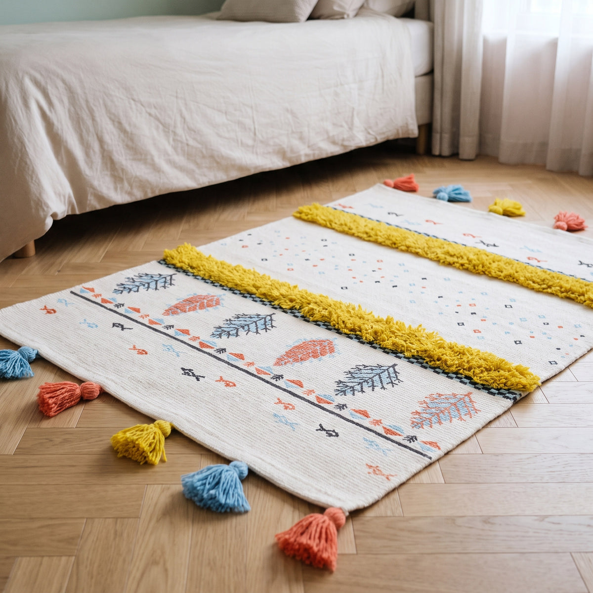 Bandes touffetées jaune moutarde et pompons du petit tapis, vus au ras du parquet