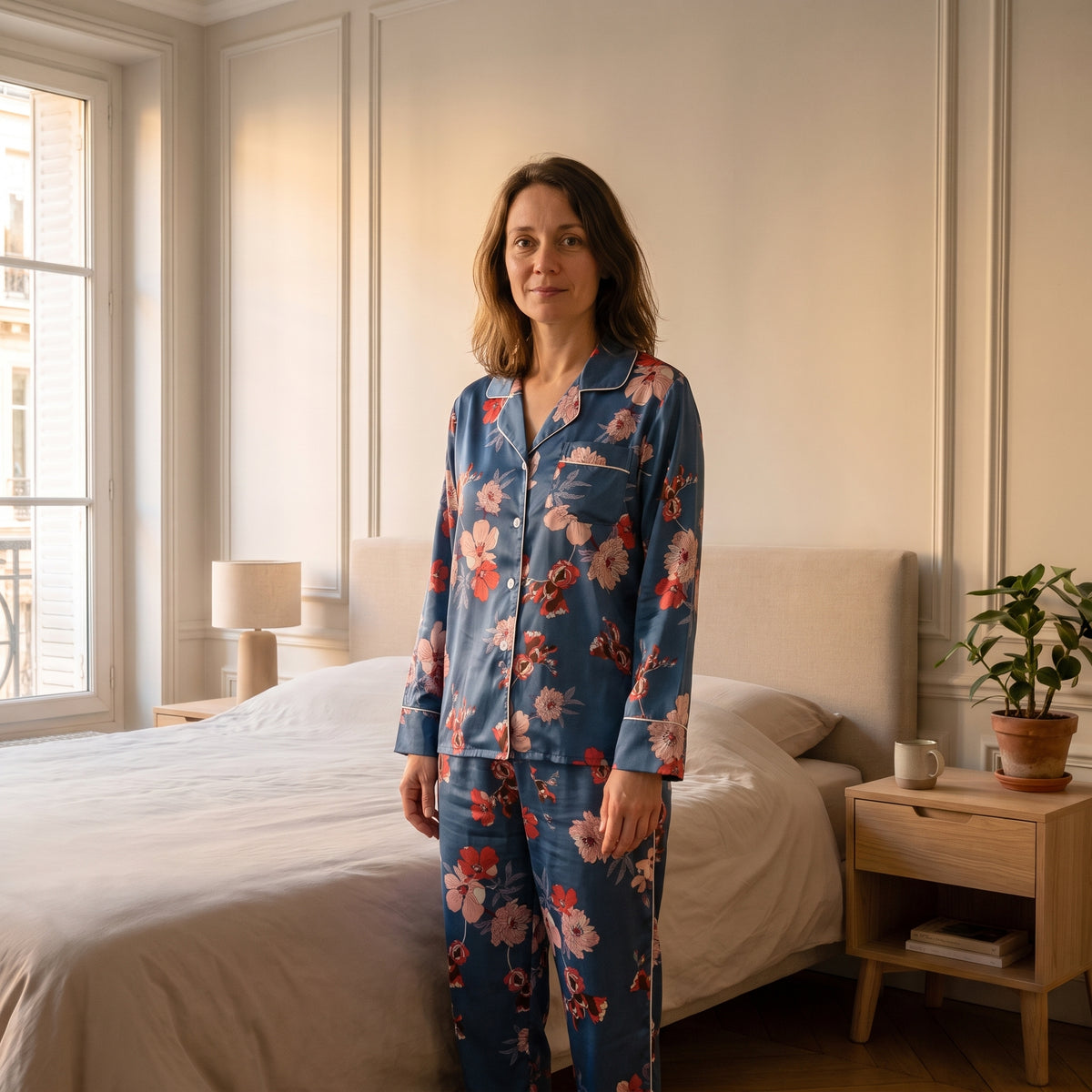Pyjama leger femme manches longues satin bleu fleuri porte