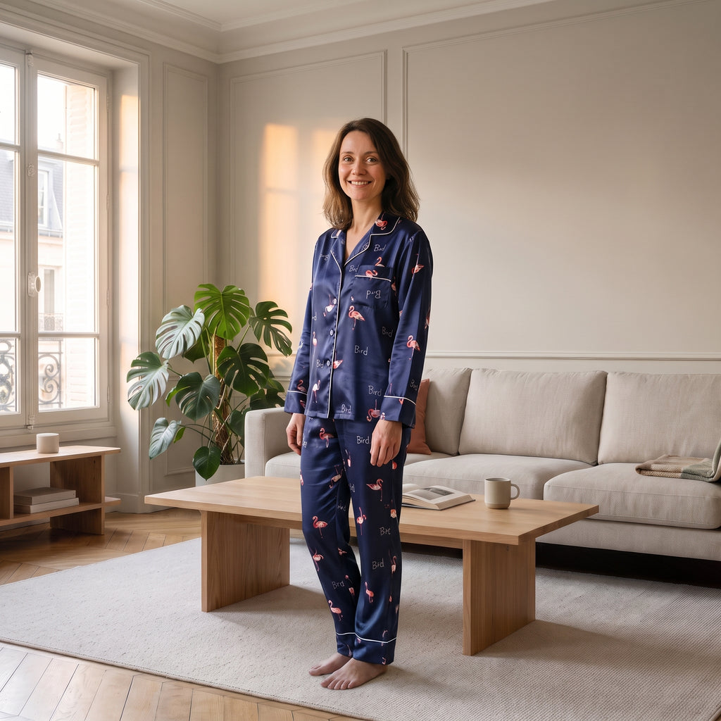 Pyjama leger femme manches longues satin bleu marine flamants porte